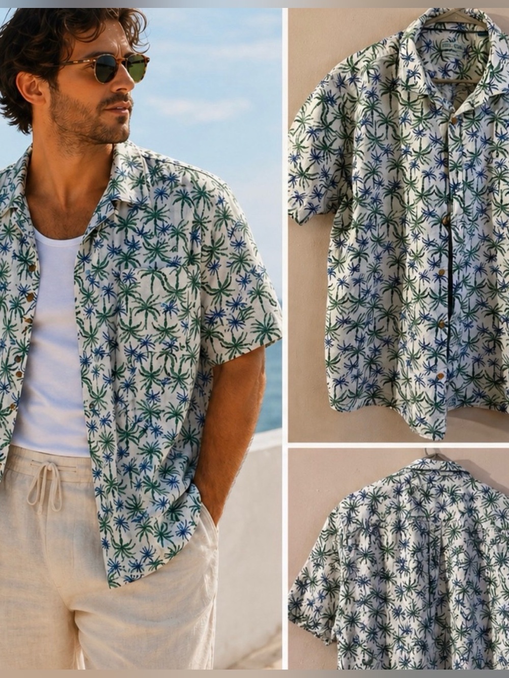 Tenth & Ocean Men’s Green & Blue Palm-Print Linen Shirt-NWT